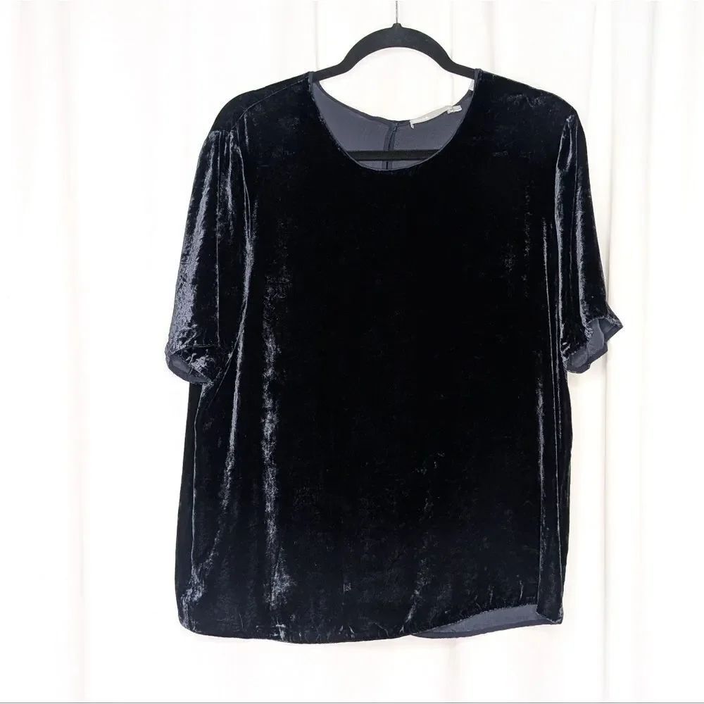 Vince Silk Crushed Velvet Blouse in Midnight Navy Short Sleeve Top